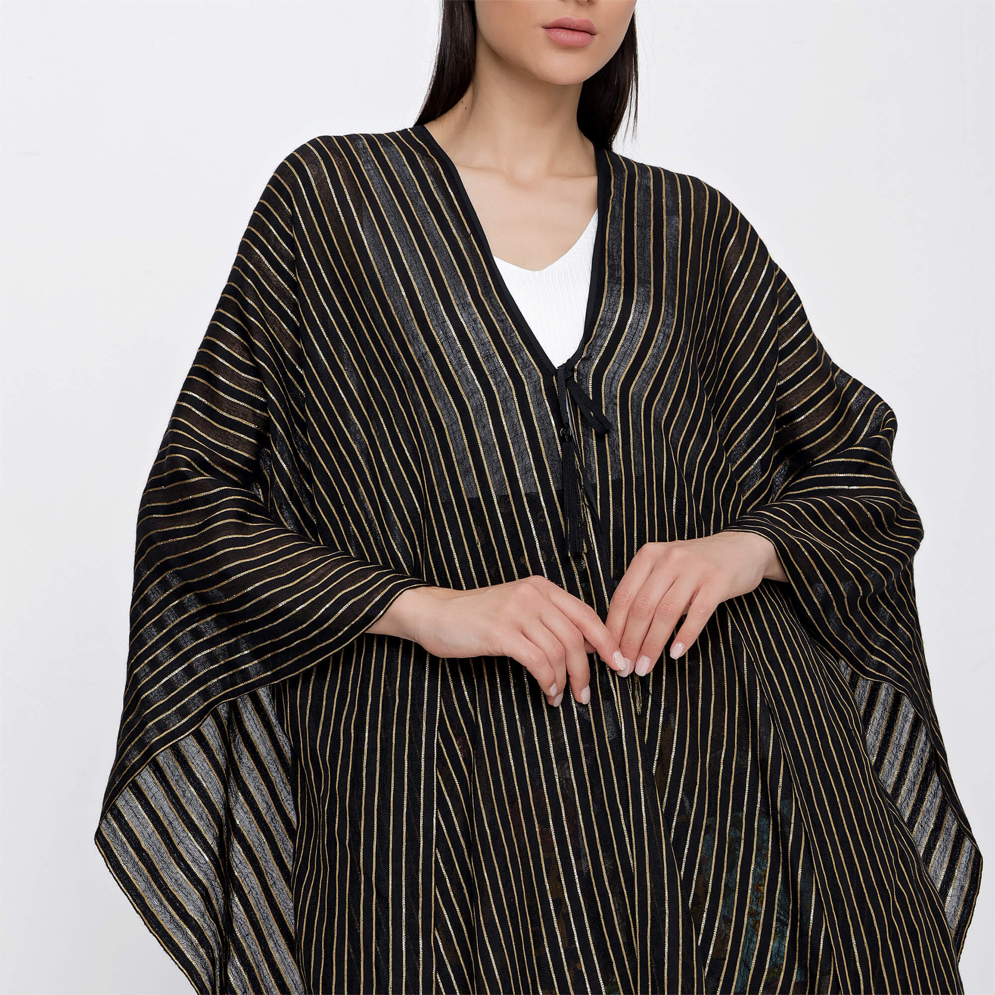 Yves Saint Laurent - Black Cashmere Blend Gold Lurex Stripes Poncho